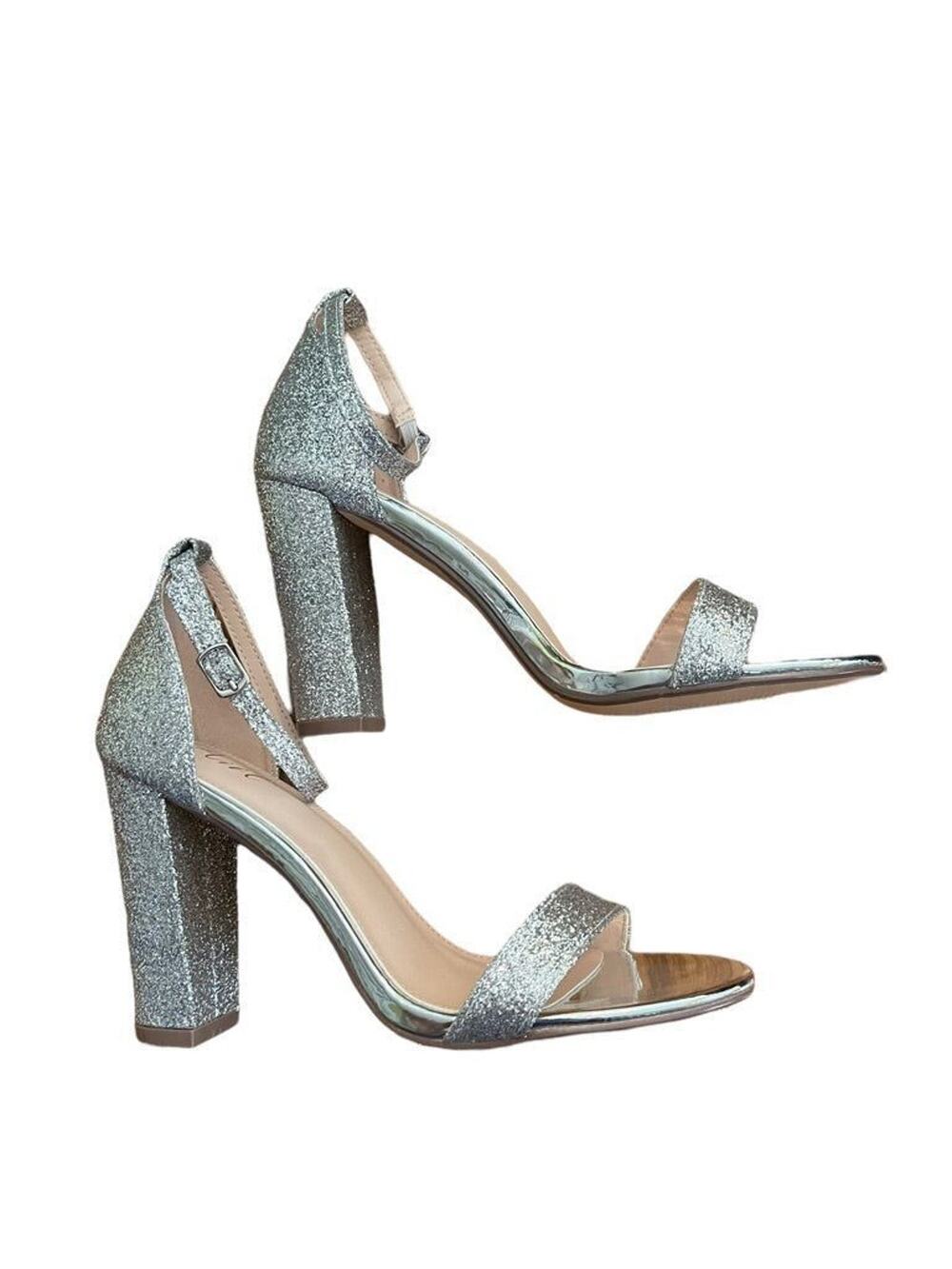 Size 9 Aiit Glitter Ankle Strap 4" Block Heel Sandals Silver Sparkle Formal